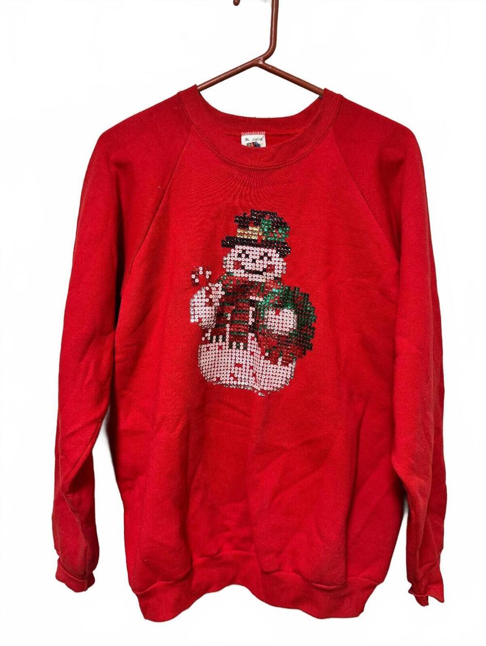 Fruit of the Loom Sweatshirt Vintage XL Red Sequin Snowman USA Made